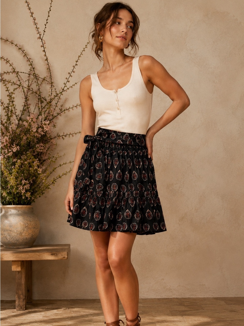 Anthropologie Black Paisley Tiered Wrap Cotton Skirt Size Small